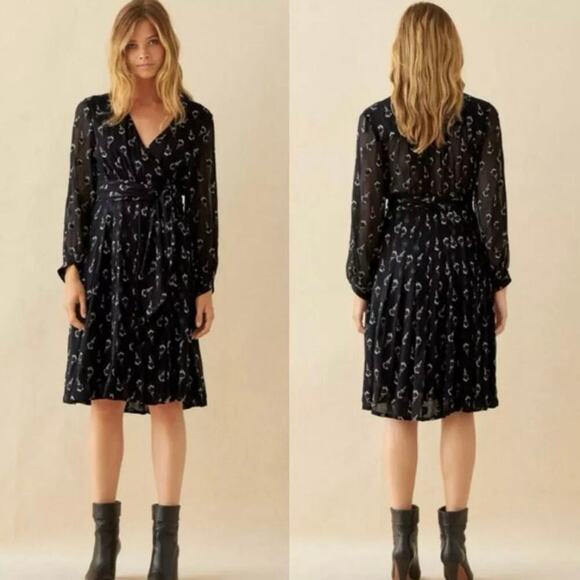BA&SH Memory Navy Noir Floral Silk Wrap Midi Dress Sz 1 US 6